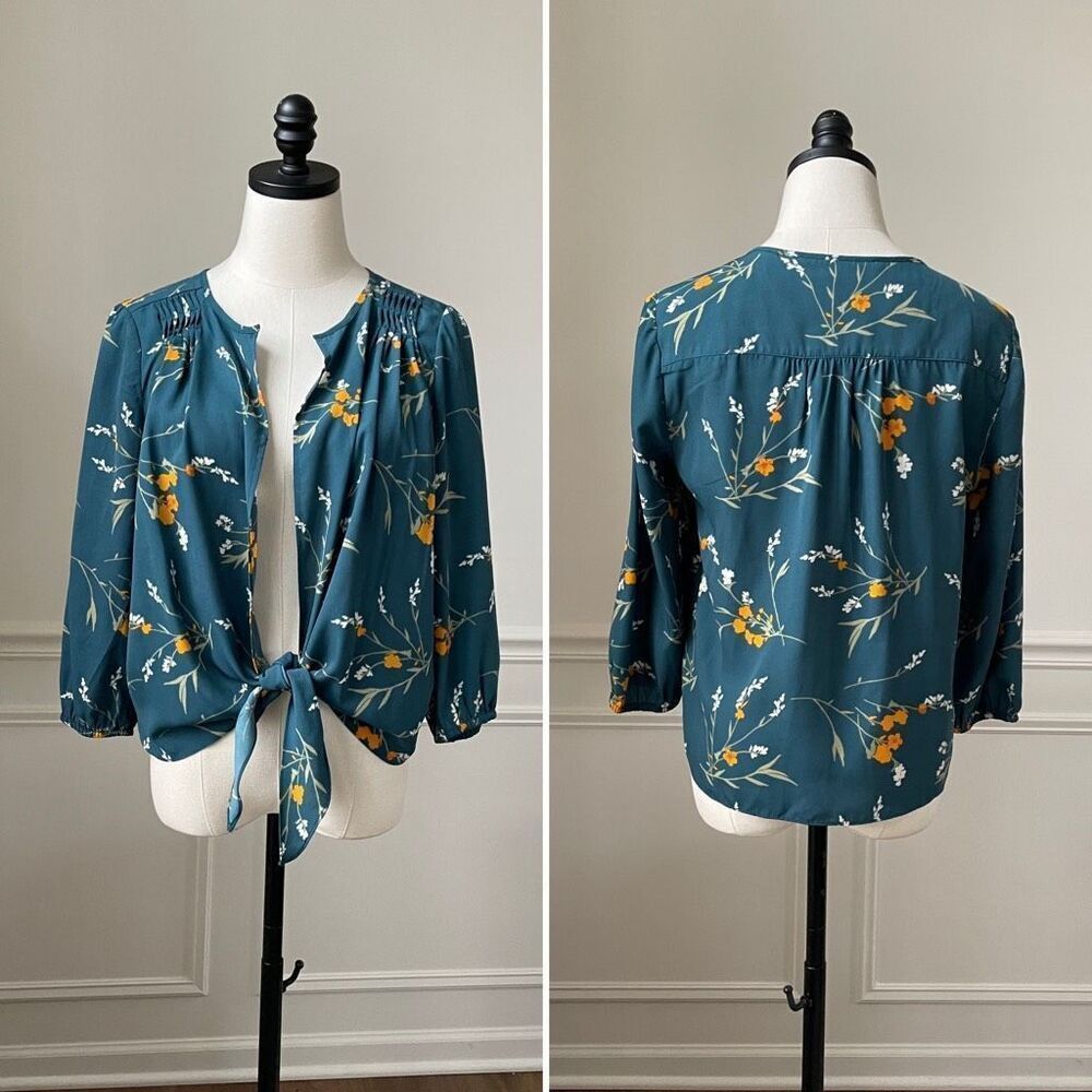 Collective Concept Stitch Fix Open Front Knotted Green Floral Blouse M Petite